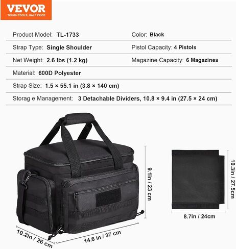 VEVOR Range Bag for 4+ Pistols, Tactical Gun Range Bag with 3 Detachable Dividers & 6 Magazines, Firearm Shooting Handgun Bag for Outdoor Hunting Shooting Pistol Bag with Single Shoulder Strip, Black in Saudi Arabia