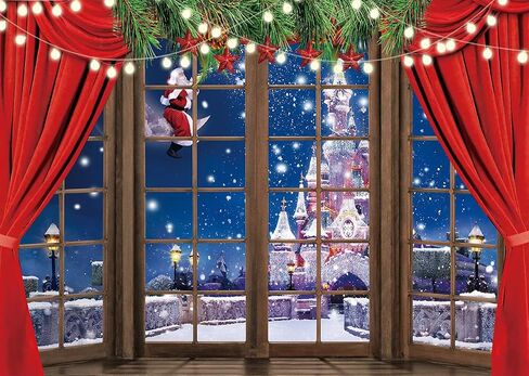 7x5ft Christmas Backdrops Xmas Window Photography Backdrop Winter Dream Wonderland Snow Tree Red Curtain Christma Photo Backdrop Studio Props Banner 035 in Saudi Arabia