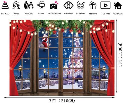 7x5ft Christmas Backdrops Xmas Window Photography Backdrop Winter Dream Wonderland Snow Tree Red Curtain Christma Photo Backdrop Studio Props Banner 035 in Saudi Arabia