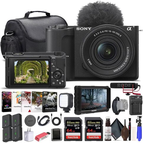 Sony Alpha ZV-E10 II Mirrorless Camera with 16-50mm Lens (Black) (ZVE10M2KB) - 4K Monitor, Pro Mic, 2 x 64GB Memory Card, Filter Kit, Photo Software, Bag, 3 x NP-FZ100 Battery, More in Saudi Arabia