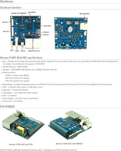 كمبيوتر Youyeetoo Banana pi BPI-M2S ذو لوحة واحدة - تطبيقات رؤية الكمبيوتر AI - Dual GbE/HDMI 2.1/MIPI-CSI/MIPI-DIS - يدعم Android Linux، يتكيف مع BPI-RTL8822CS WiFi (إصدار A311D) in Kuwait