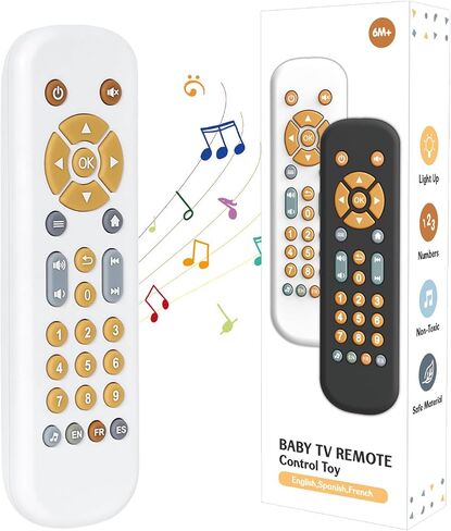 Orzbow Baby TV Remote Control Toy with Light & Sound for 6 Months+, Black | Realistic Musical Remote Toy with 3 Languages (English, French, Spanish), BPA-free, Ideal Gift for Baby Infant Boys Girls in Saudi Arabia
