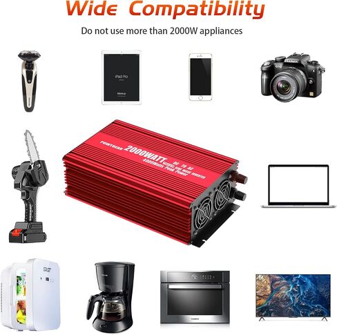 Inverter 2000 Watt, DC 12V to 110V AC Converter with 3 Charger Outlets and with 2 Built-in 5V/2.1A USB Port Black in Saudi Arabia