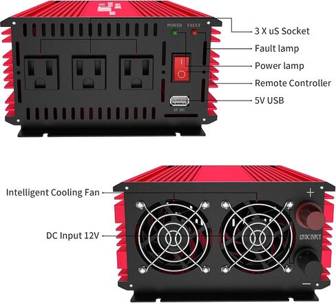 Inverter 2000 Watt, DC 12V to 110V AC Converter with 3 Charger Outlets and with 2 Built-in 5V/2.1A USB Port Black in Saudi Arabia