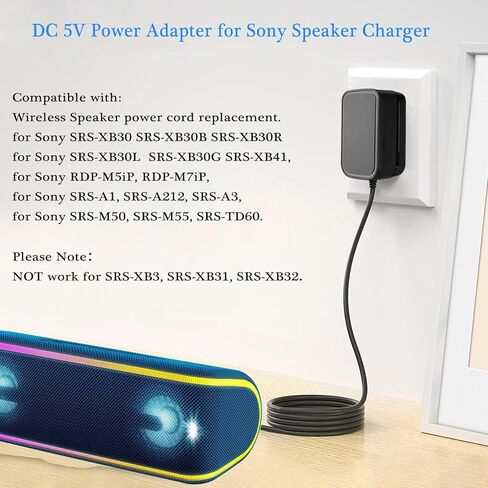 محول طاقة شاحن 5 فولت 3 أمبير مدرج في قائمة UL لمكبر صوت Sony SRS-XB30 SRS-XB41 SRS-BTS50 مكبر صوت بلوتوث محمول، سلك طاقة بديل AC-E05030 AC-E0530T (غير مناسب لمنفذ النوع C). in Kuwait