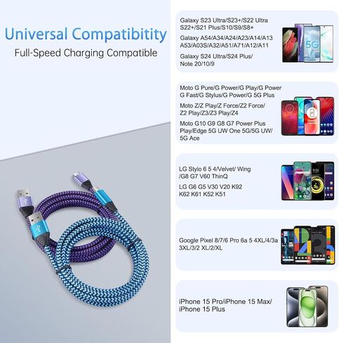 Android Auto USB C Cable Type C Charger USB Data Transfer Cable شحن سريع لأجهزة Samsung Galaxy S24FE / A23 / A16 / A15 / A35 / A55 / A06 / S24 Ultra / S23FE / S23 S22 Ultra / A54 / A53 / A14 / A13 / A03S / S21FE/S10، 3FT 2 عبوة in Kuwait