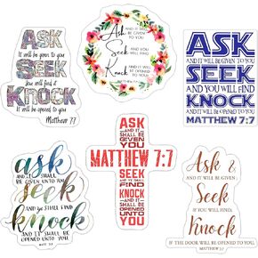Pack of 6 Matthew 7 7 Ask Seek Knock Waterproof Vinyl Sticker Bible Verse, Styles Christian, Religious Inspirational Scripture Quotes for All Ages, All Ages, Applicable to Many Surfaces 3 Inches
