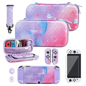 RHOTALL Purple Carrying Case for Nintendo Switch OLED, Cute Storage Case for Switch OLED Accessories with Hard Protective Case, Screen Protector, Adjustable Shoulder Strap and 2 Thumb Caps for fish