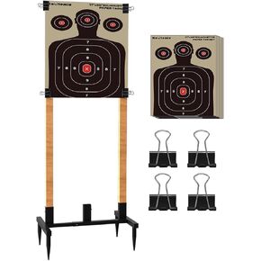 Koutemie Outdoor Shooting Target Stand with 10pcs 17x25 Inch Paper Targets, Heavy Duty Range Target Holder with Adjustable Base for Cardboard Silhouette, H Shape, Black