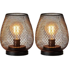 DECORKEY Set of 2 Rechargeable LED Table Lantern, Brown Metal Cage Cordless Lamps with LED Bulb，Vintage Decorative Outdoor Lantern for Weddings, Parties, Patio, Events for Indoors Shelf Decor