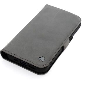 Porter Riley - Leather Case for iPhone 15 Pro Max. Premium Nubuck Genuine Leather Stand/Cover/Wallet/Flip Case with Card Slots & Horizontal Stand (Black, Tan)