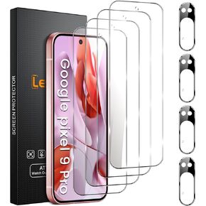 4+4 Pack Google Pixel 9 Pro Screen Protector, 4 Pack Tempered Glass Screen Protector with 4 Pack Camera Lens Protector, 9H Hardness Anti-Fingerprint Case Friendly