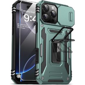 for iPhone 16 Pro Max Case,Built-in Slide Camera Cover & Screen Protector & Rotated Ring Kickstand,Military Grade Shockproof Protective Phone Case for iPhone 16 ProMax 6.9",Black