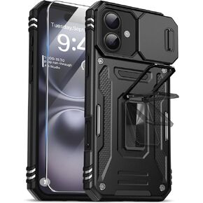 حافظة لهاتف iPhone 16 Pro Max، غطاء كاميرا منزلق مدمج وواقي شاشة ومسند حلقي دوار، حافظة هاتف واقية مقاومة للصدمات من الدرجة العسكرية لهاتف iPhone 16 ProMax 6.9 بوصة، أسود