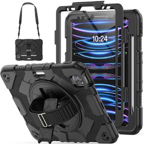 حافظة HXCASEAC لجهاز iPad Pro 11 بوصة 2022/2021/2020/2018، مع حامل قلم رصاص، واقي شاشة، حامل حزام يد دوار، [3 طبقات مقاومة للسقوط] حافظة لجهاز Pro 11 4th/3th/2nd/1st (أزرق/أحمر)