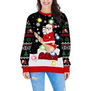 Fanient Women LED Light Up Ugly Christmas Sweater Snowflake Reindeer Xmas Sweater Built-in Light Bulbs Knitted Pullover
