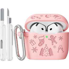 AIRSPO for AirPods 4 Case 2024 with Cleaner Kit, Christmas Engraved Soft Silicone Shock-Proof Protective iPod 4 Cases Cover Compatible with Apple AirPod 4th Generation with Keychain (Pink)