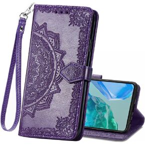 Wallet Case for Galaxy S24 FE,Flip Case PU Leather Emboss Mandala Flowers Wrist Strap Folio Card Slots Magnetic Kickstand Protective Phone Cover Men Women for Samsung Galaxy S24 FE Purple
