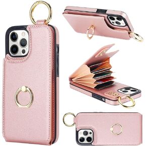 Folosu for iPhone 12 Pro Max Wallet Case with Card Holder, 360°Rotation Ring Holder Kickstand, RFID Blocking PU Leather Finger Grip Key Ring, Protective Double Buttons Shockproof Cover 6.7" Black