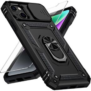 for iPhone 13 Case with Slide Lens Cover, HD Screen Protector, Military Grade Drop Protection, Magnetic Rotated Ring Holder Kickstand Protective Phone Case (Black)