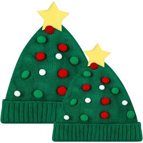 2 Pcs Christmas Tree Hat for Men Women Christmas Knitted Beanie Hat Winter Crochet Beanie Green Santa Hat for Christmas Photo Prop Decoration