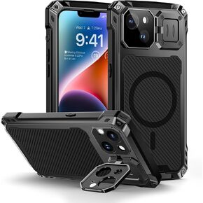 Lanhiem Magnetic for iPhone 14 Metal Case, [Built-in Camera Kickstand & Glass Screen Protector] Heavy Duty Shockproof Full Body Rugged Protective Magsafe Cover for iPhone 14 6.1" (Black) in Kuwait