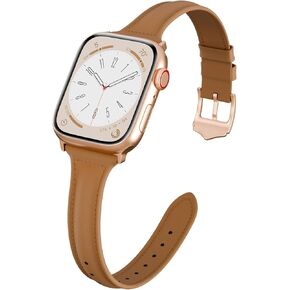 Slim Leather Band Compatible with Apple Watch Band for Women 38mm 40mm 41mm 42mm 44mm 45mm 46mm 49mm, Top Grain Genuine Leather Thin Strap for Ultra/2 Series 10 9 8 7 6 5 4 3 2 1 SE