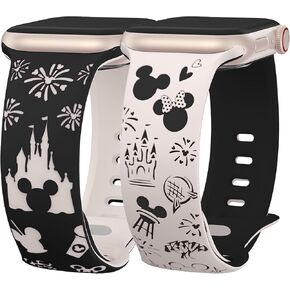 2 Packs Cartoon Engraved Band Compatible with Apple Watch Band 49/46/45/44/42/41/40/38mm Women Two-Tone Cute Soft Silicone Sport Strap for iWatch SE Series 10/9/8/7/6/5/4/3/2/1/Ultra(1/2)