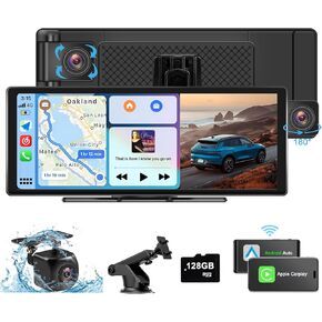 Wireless Portable Carplay Screen for Car: 10.26" HD IPS Touchscreen, 4K Dash Cam/1080P Backup Camera, Bluetooth, GPS Navigation, Car Stereo, Mirror Link, AirPlay, Apple Carplay for All Vehicles HAOKEO