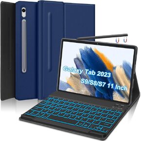 Galaxy Tab S9 Keyboard Case 11 Inch for Samsung Tablet S7 / S8 (Model Sm-X710 / X716b / X718u)- Backlit Detachable Wireless Bluetooth Backlit Keyboard - Smart Folio Cover With S Pen Holder - Deep Blue