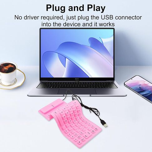 لوحة مفاتيح سلكية قابلة للطي من السيليكون، محمولة ورفيعة للغاية ومرنة، لوحة مفاتيح سلكية USB مقاومة للماء والغبار، حجم الجيب 85 مفتاحًا، لوحة مفاتيح ناعمة الملمس لأجهزة الكمبيوتر المحمول والكمبيوتر المحمول وسطح المكتب (وردي) in Kuwait