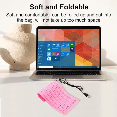 لوحة مفاتيح سلكية قابلة للطي من السيليكون، محمولة ورفيعة للغاية ومرنة، لوحة مفاتيح سلكية USB مقاومة للماء والغبار، حجم الجيب 85 مفتاحًا، لوحة مفاتيح ناعمة الملمس لأجهزة الكمبيوتر المحمول والكمبيوتر المحمول وسطح المكتب (وردي) in Kuwait