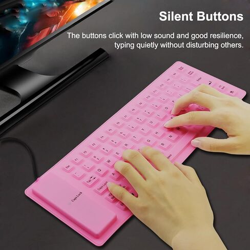 لوحة مفاتيح سلكية قابلة للطي من السيليكون، محمولة ورفيعة للغاية ومرنة، لوحة مفاتيح سلكية USB مقاومة للماء والغبار، حجم الجيب 85 مفتاحًا، لوحة مفاتيح ناعمة الملمس لأجهزة الكمبيوتر المحمول والكمبيوتر المحمول وسطح المكتب (وردي) in Kuwait