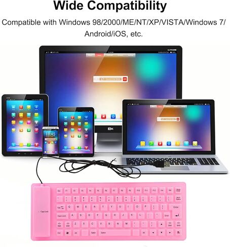 لوحة مفاتيح سلكية قابلة للطي من السيليكون، محمولة ورفيعة للغاية ومرنة، لوحة مفاتيح سلكية USB مقاومة للماء والغبار، حجم الجيب 85 مفتاحًا، لوحة مفاتيح ناعمة الملمس لأجهزة الكمبيوتر المحمول والكمبيوتر المحمول وسطح المكتب (وردي) in Kuwait