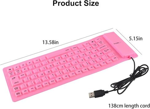 لوحة مفاتيح سلكية قابلة للطي من السيليكون، محمولة ورفيعة للغاية ومرنة، لوحة مفاتيح سلكية USB مقاومة للماء والغبار، حجم الجيب 85 مفتاحًا، لوحة مفاتيح ناعمة الملمس لأجهزة الكمبيوتر المحمول والكمبيوتر المحمول وسطح المكتب (وردي) in Kuwait