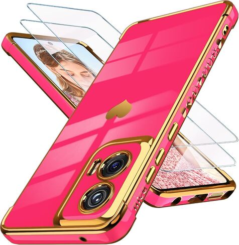 Dretal for Motoro Moto-G-Stylus-5G-2024 Case with 2X Screen Protector, for Girl Women Cute Girly Love-Heart Luxury Gold Soft Cover Camera Protection Bumper Silicone Shockproof Phone Case(Pink) in Kuwait