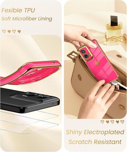 Dretal for Motoro Moto-G-Stylus-5G-2024 Case with 2X Screen Protector, for Girl Women Cute Girly Love-Heart Luxury Gold Soft Cover Camera Protection Bumper Silicone Shockproof Phone Case(Pink) in Kuwait