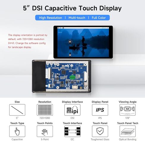 شاشة Waveshare 5 بوصة DSI تعمل باللمس بالسعة، متوافقة مع Raspberry Pi 5/4B/3B/CM3/3+/4، 720 × 1280، IPS، لوحة زجاجية مقوية للربط البصري، واجهة DSI، لمسة 5 نقاط in Saudi Arabia