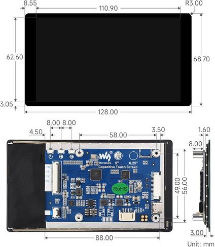 شاشة Waveshare 5 بوصة DSI تعمل باللمس بالسعة، متوافقة مع Raspberry Pi 5/4B/3B/CM3/3+/4، 720 × 1280، IPS، لوحة زجاجية مقوية للربط البصري، واجهة DSI، لمسة 5 نقاط in Saudi Arabia