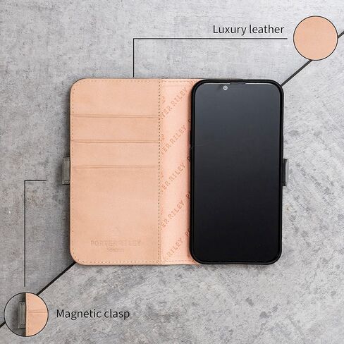 Porter Riley - Leather Case for iPhone 15 Pro Max. Premium Nubuck Genuine Leather Stand/Cover/Wallet/Flip Case with Card Slots & Horizontal Stand (Black, Tan) in Saudi Arabia