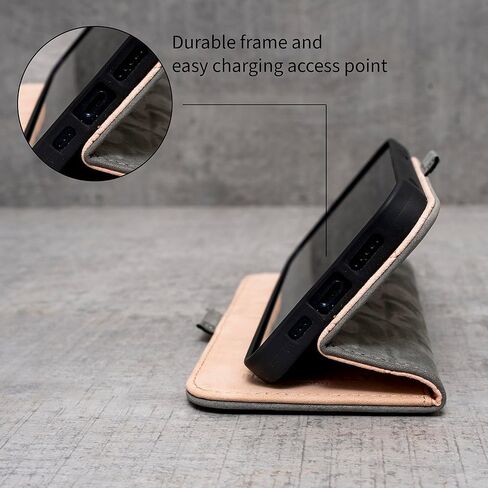 Porter Riley - Leather Case for iPhone 15 Pro Max. Premium Nubuck Genuine Leather Stand/Cover/Wallet/Flip Case with Card Slots & Horizontal Stand (Black, Tan) in Saudi Arabia