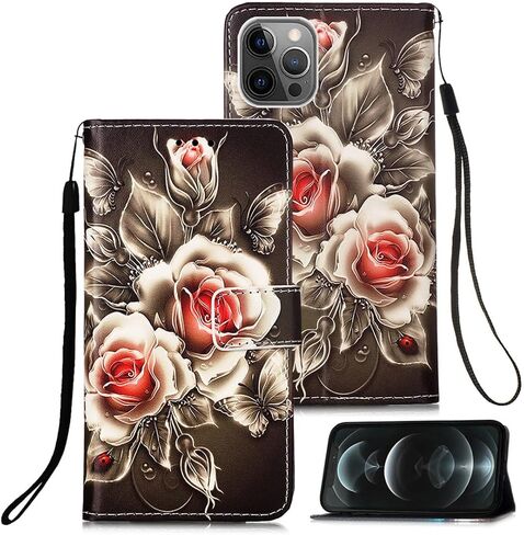 [Wallet Stand PU Leather Flip Protective Case with Card Slots & Wrist Straps for Apple iPhone 12 & iPhone 12 Pro 6.1" (2020) - Rose in Saudi Arabia