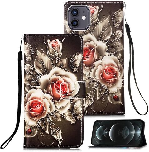 [Wallet Stand PU Leather Flip Protective Case with Card Slots & Wrist Straps for Apple iPhone 12 & iPhone 12 Pro 6.1" (2020) - Rose in Saudi Arabia