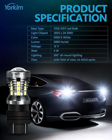 Yorkim 3157 لمبة LED 6000K أبيض 2880 لومن 3156 أضواء عكسية LED 3057 LED 4114 LED ضوء الجري النهاري 3056 3457 لمبة بديلة LED لضوء الفرامل الذيل إشارة الانعطاف، عبوتان in Kuwait