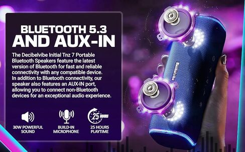 Decibelvibe الأولي Tnz 7 - مكبر صوت بلوتوث محمول، مكبر صوت مقاوم للماء IPX7 مع صوت قوي 30 وات، صوت جهير عميق، بلوتوث 5.3، وقت تشغيل 24 ساعة، إقران TWS للستيريو في المنزل، والحفلات، والخارج. (سماوي) in Saudi Arabia