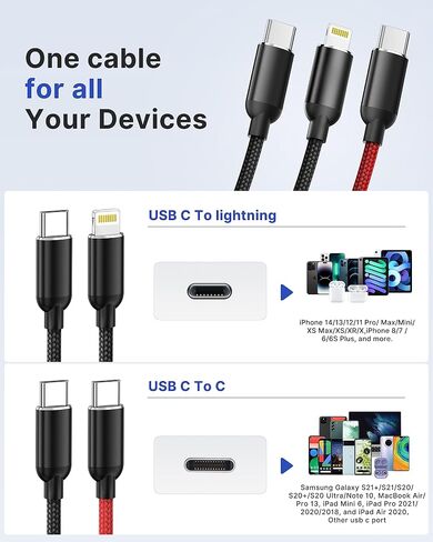 Multi Charging Cable, USB C to USB C Charger USB C to Lightning Cable Fast Type C Charging Cord for iPhone 14 13 12 11 Pro Max Xr Xs,iPad Pro, MacBook Pro,Samsung Galaxy S23/S22/S21,Switch in Saudi Arabia