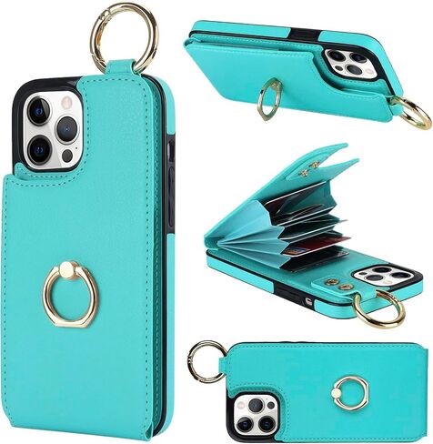 Folosu for iPhone 12 Pro Max Wallet Case with Card Holder, 360°Rotation Ring Holder Kickstand, RFID Blocking PU Leather Finger Grip Key Ring, Protective Double Buttons Shockproof Cover 6.7" Black in Kuwait