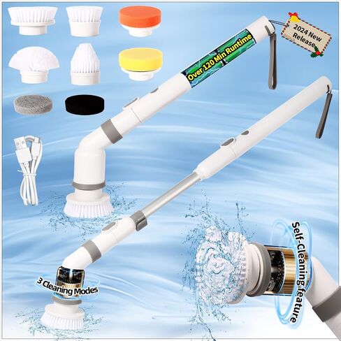Electric Spin Scrubber, 2024 New, with Self-Clean, 3 Cleaning Modes, 8 in 1 for Bathroom Cleaning, Shower Scrubber with Long Handle, Power Scrubbers for Tiles and Tubs, Shower Cleaner Brush Electric in Saudi Arabia