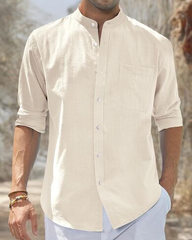 J.VER Men's Cotton Linen Long Sleeve Shirts Casual Button Down Banded Collar Shirt Beach Summer Tops with Pocket in Saudi Arabia