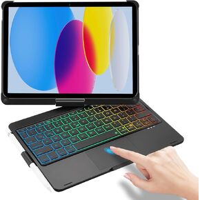 JADEMALL iPad 10th Generation Case with Keyboard 10.9 Inch, Multi-Touch Trackpad, 7 Colors Backlit, Auto Wake/Sleep, 360° Rotatable, with Pencil Holder for iPad 10th Gen 2022, Black
